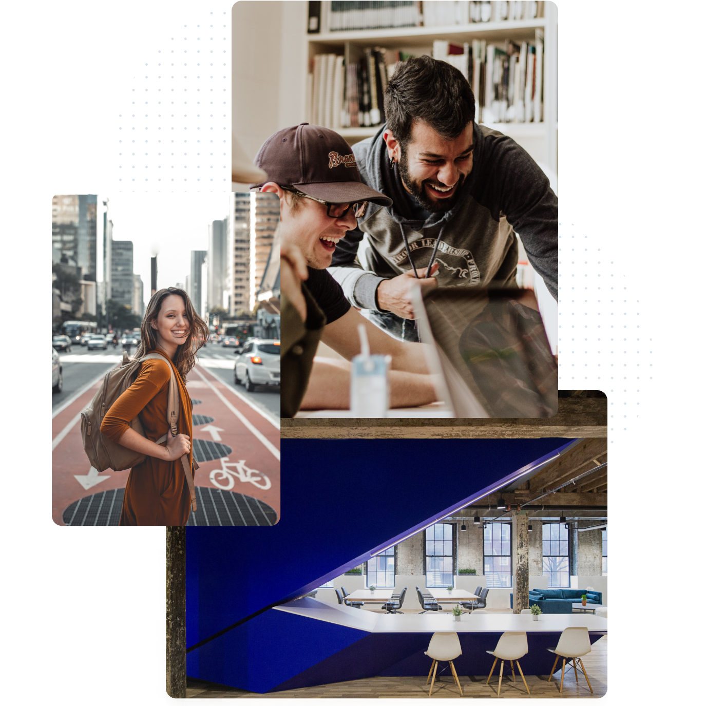 Three images: woman traveling, men working, and a workspace.
